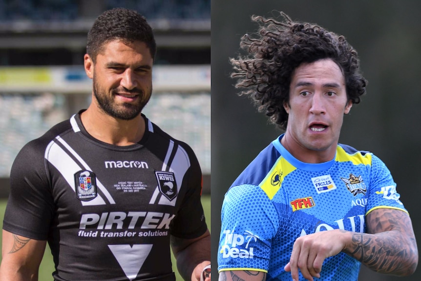Jesse Bromwich in his Kiwis uniform and Kevin Proctor in his Gold Coast Titans uniform