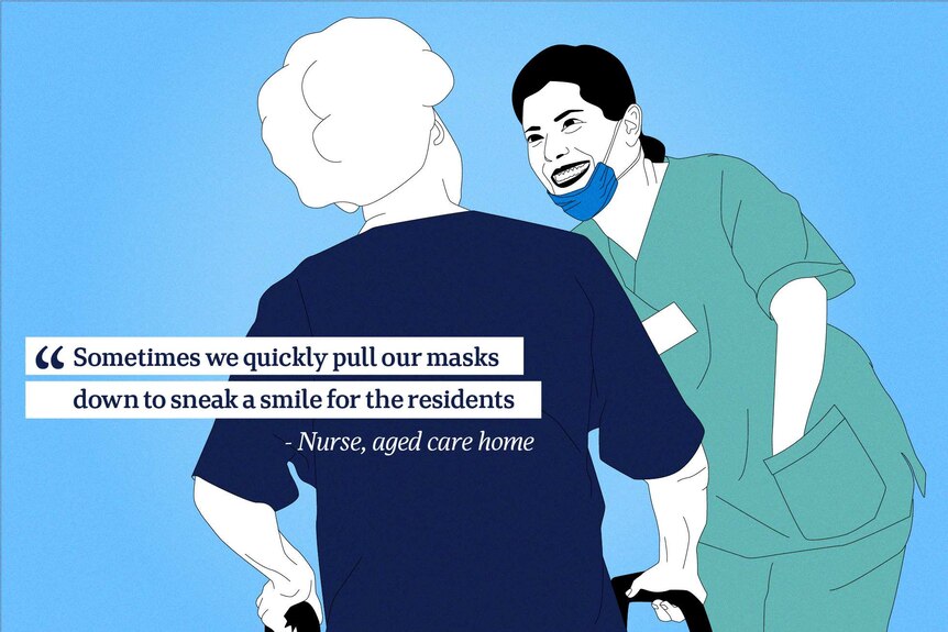 An illustration shows an aged care worker pulling her mask down to smile at a resident.