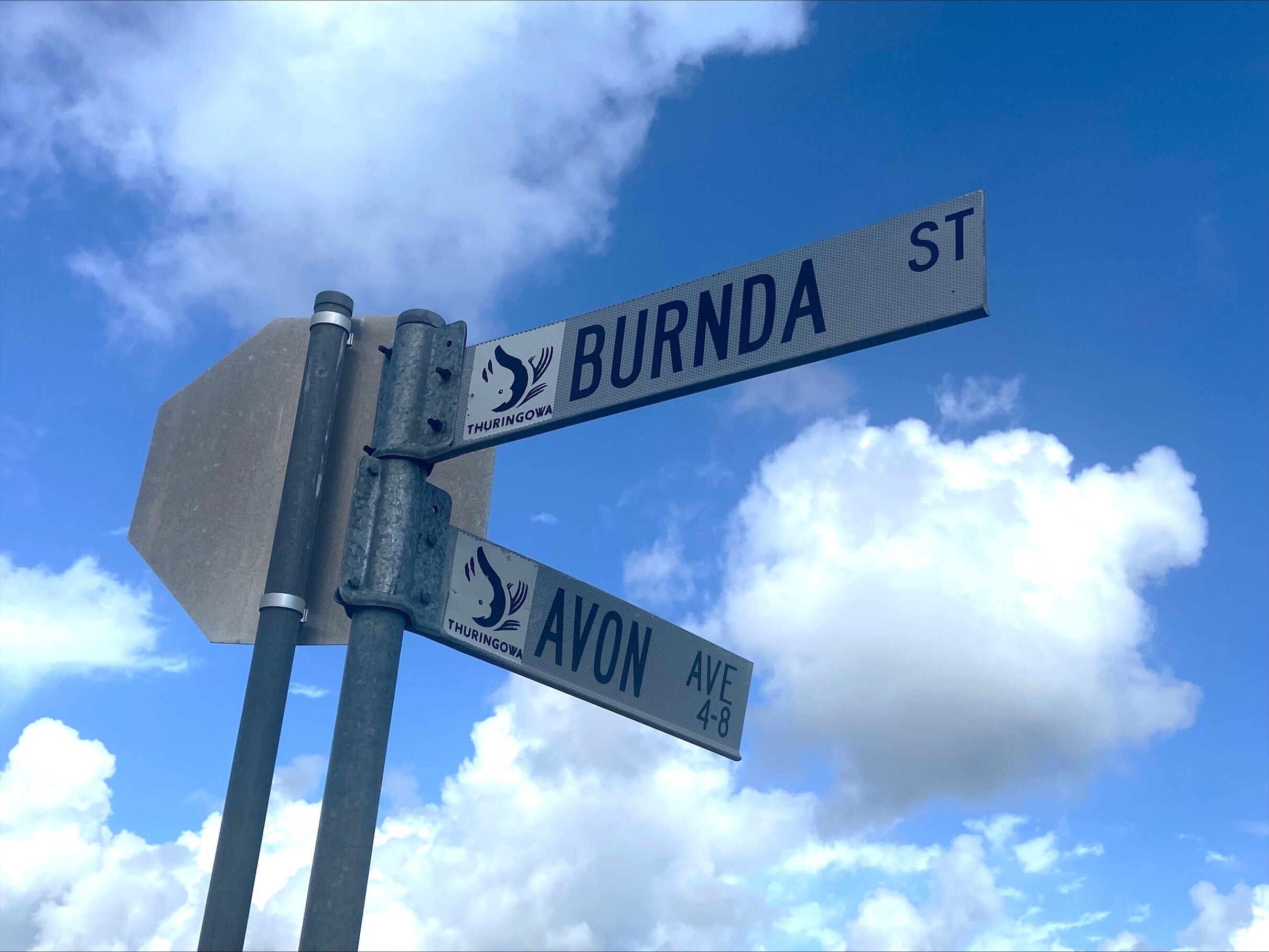 Two street signs before a cloudy blue sky. 