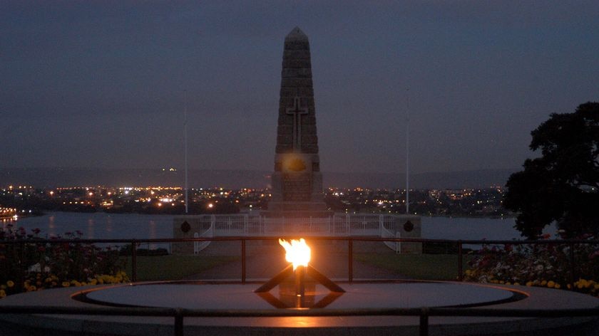 The eternal flame burns in front of the war memorial at Kings Park