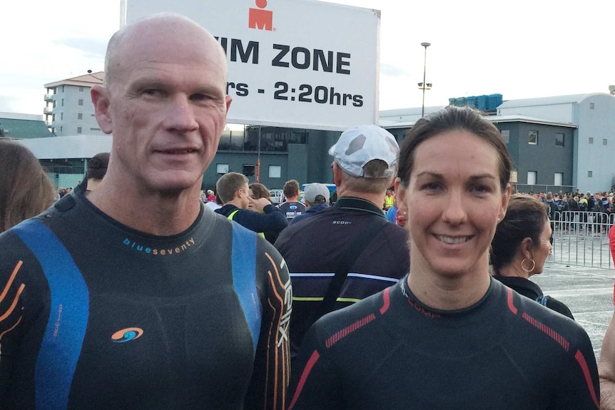 David Arnold and Jodie Browning from Longreach before the Ironman Australia triathlon in Port Macquarie, NSW
