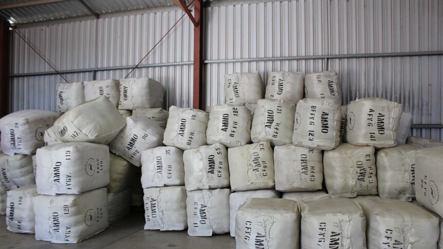 Bales of Australian grown mohair that will be shipped to Italy and South Africa.
