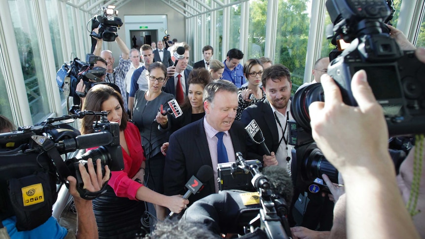 Joel Fitzgibbon (centre) resigns as Chief Government Whip after yesterday's leadership spill.