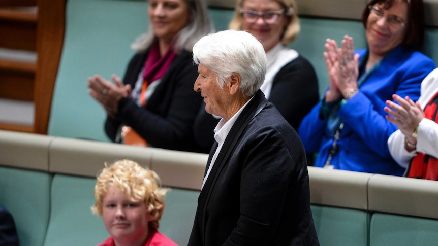 Swimming great Dawn Fraser is acknowledged by Prime Minister of Japan Shinzo Abe.