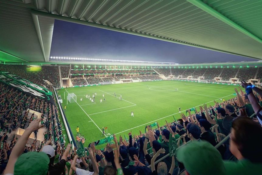 An artist's impression of a packed stadium.