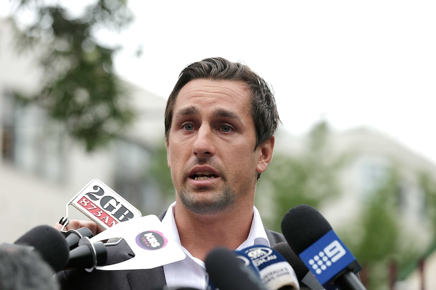 Sydney Roosters player Mitchell Pearce speaks to the media in Surry Hills on January 29, 2016.
