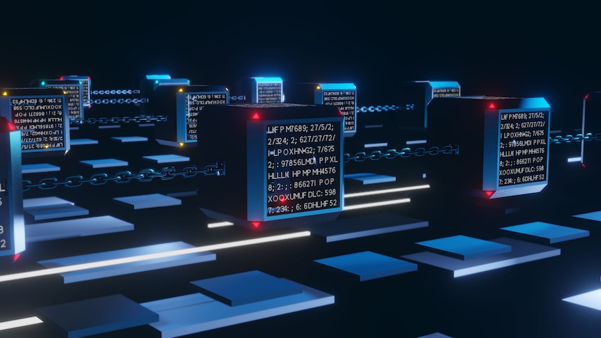 A 3D animated graphical representation of a series of blockchain.