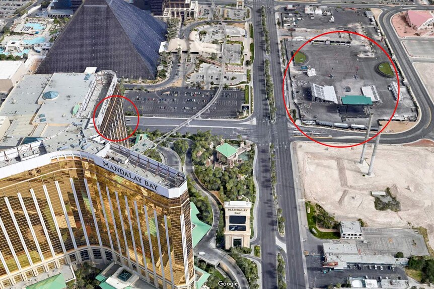 An aerial view of Las Vegas with the hotel and concert venue circled.
