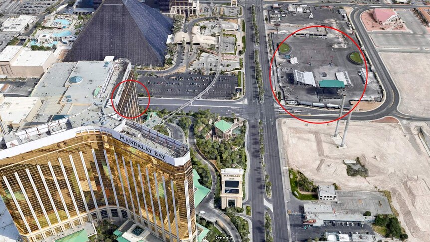An aerial view of Las Vegas with the hotel and concert venue circled.