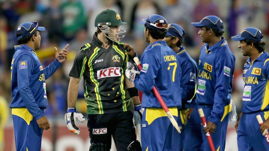 Australia's Glenn Maxwell confronts the Sri Lankan team after game two of the T20 series.