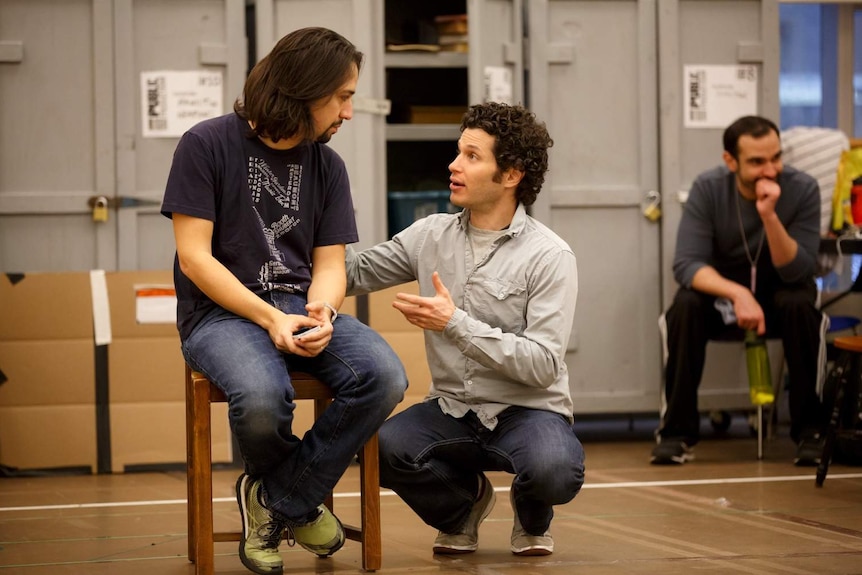 Writer/performer Lin Manuel Miranda and director Thomas Kail in rehearsal for Hamilton at the New 42md Street Studios