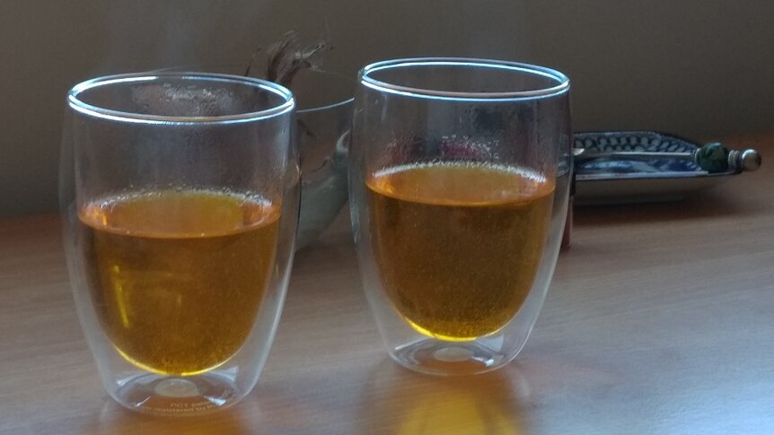 Glasses of saffron tea, adding value to Tasmania's saffron harvest.