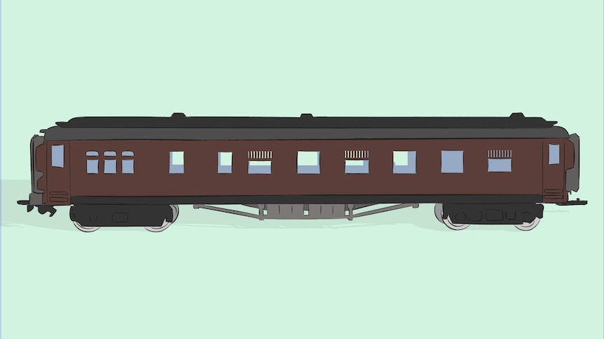 An illustration of an old fashioned rail carriage on a pale green background