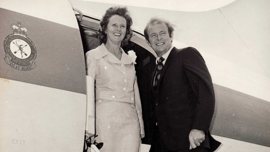 Doug and Margot Anthony board an RAAF HS748 VIP aircraft to begin campaigning in 1972.