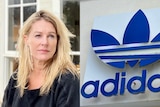 A composite of a woman with long blonde hair, and blue sign featuring the adidas logo affixed to a building exterior 