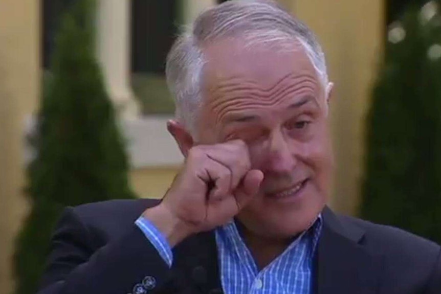 Prime Minister Malcolm Turnbull is moved to tears during the interview with Stan Grant.