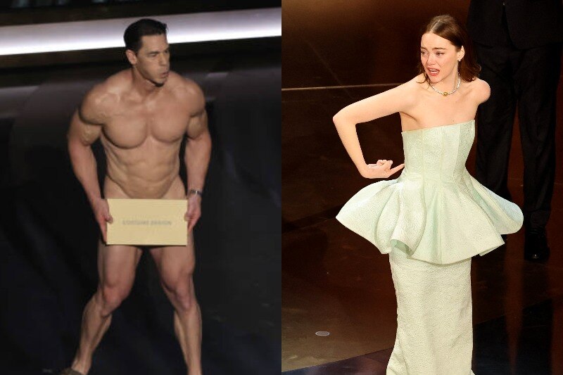 Composite image of a naked John Cena and Emma Stone pointing to her dress. 