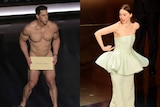Composite image of a naked John Cena and Emma Stone pointing to her dress. 