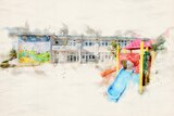 Watercolour graphic of a building that looks like a school with a playground out the front. 