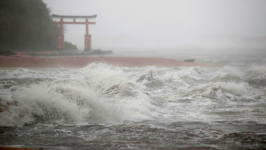 Waves batter the shore in Miyazaki, southern Japan