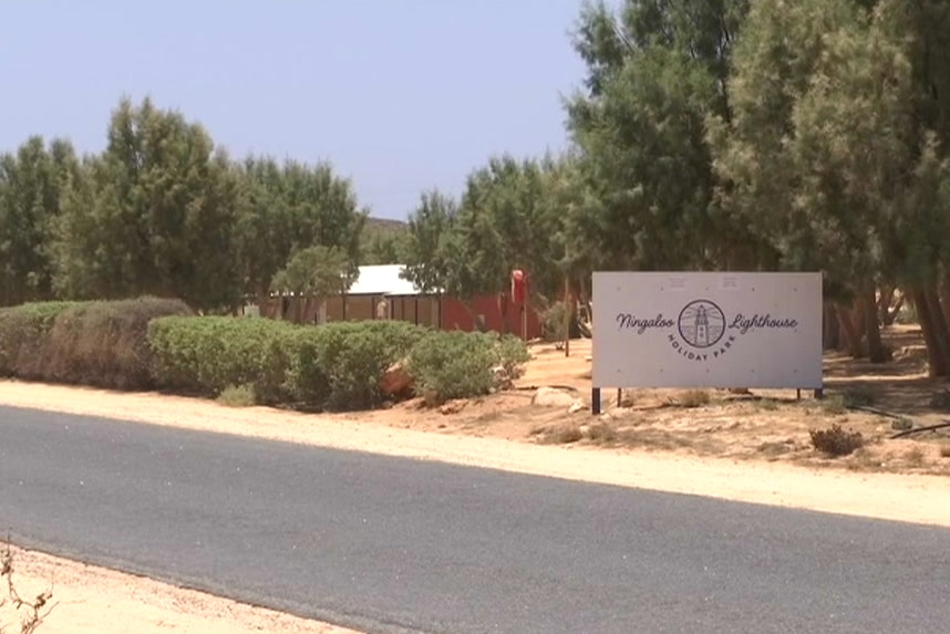 A road runs along the front of a caravan park with a big white sign on the side of the road among trees.