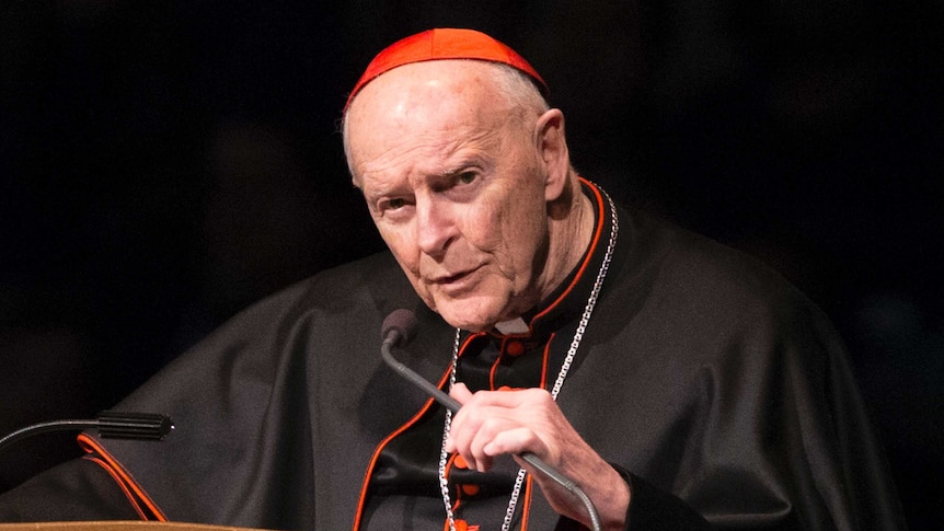 Former Cardinal Theodore McCarrick is seen speaking at a podium.