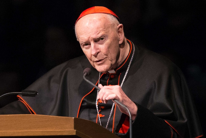 McCarrick is seen speaking at a podium.