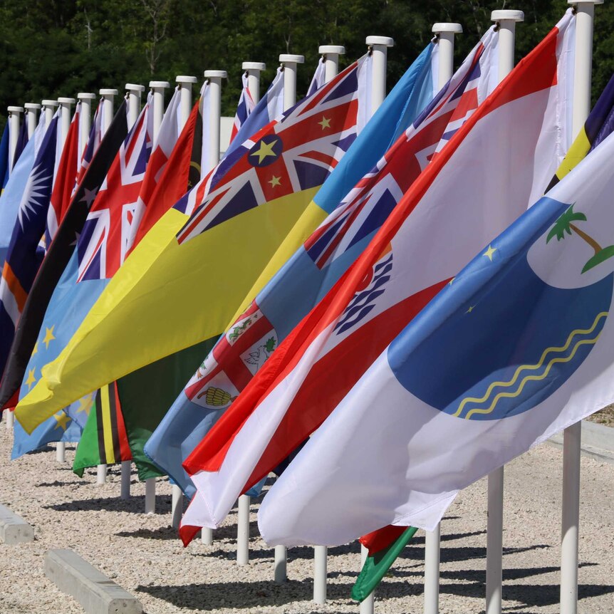 Flags from Pacific Islands Forum member nations are flying in a neat row on low white flagpoles