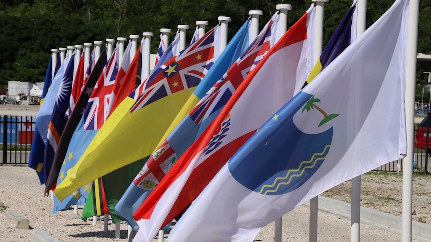 Flags from Pacific Islands Forum member nations are flying in a neat row on low white flagpoles