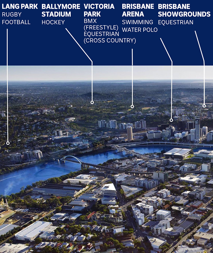 Brisbane city with lines to show where venues will be located in the northern suburbs.