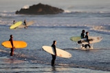 Surfers prepare to enter the water for a sunrise swim at a surf beach in New Zealand.