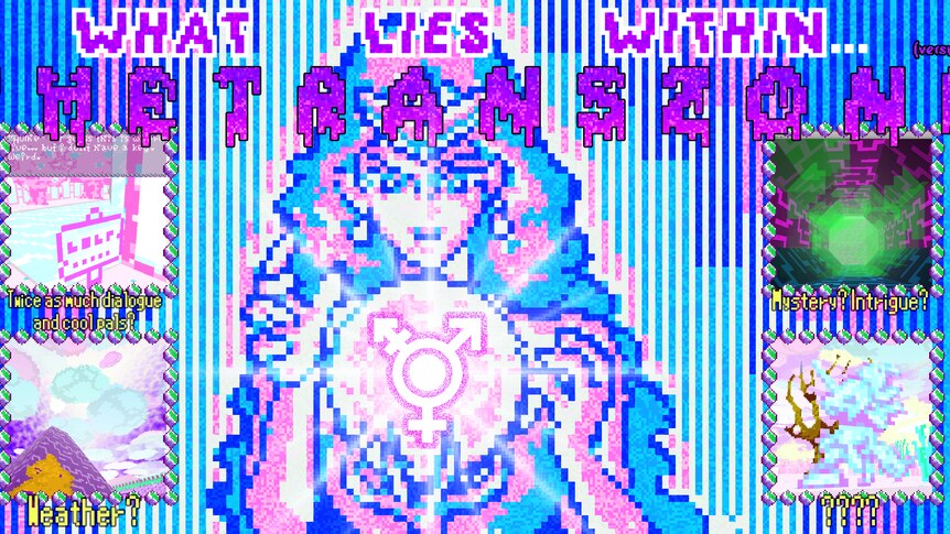 Fluro coloured still from a video game called The Trans Zone