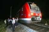 Police officers stand by a regional train