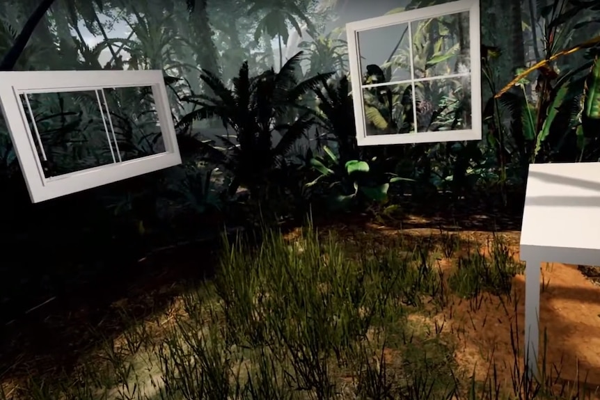 Two white window frames and a white table appear to hover in a lush, dark green forest as seen through virtual reality goggles.