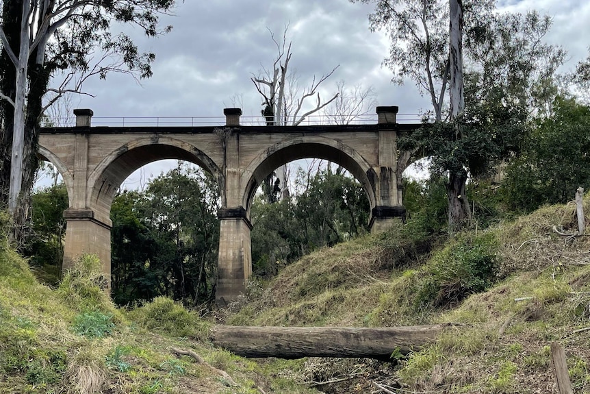 A concrete bridge with large arches.