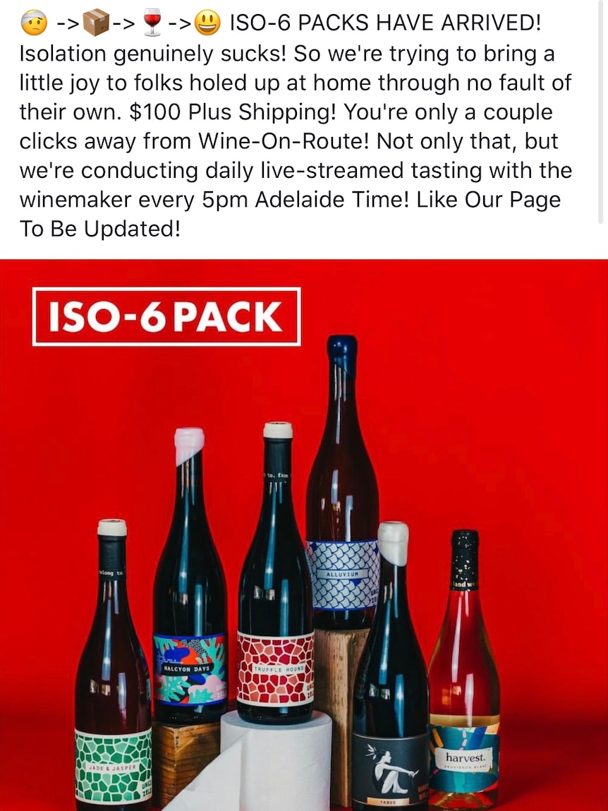 An alcohol advertisement displaying six wines and the caption "iso six pack".
