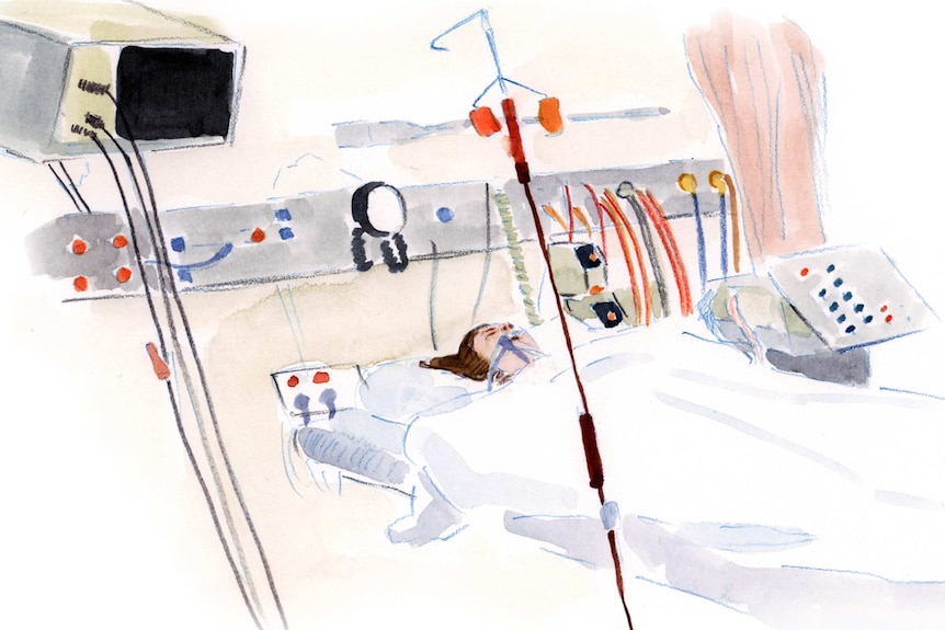 A watercolour illustration of Carolyn Boyd in a hospital bed.