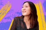 Emmelyn Wu in front of a colourful purple and yellow background for a story about the loaded question 'where are you from?'