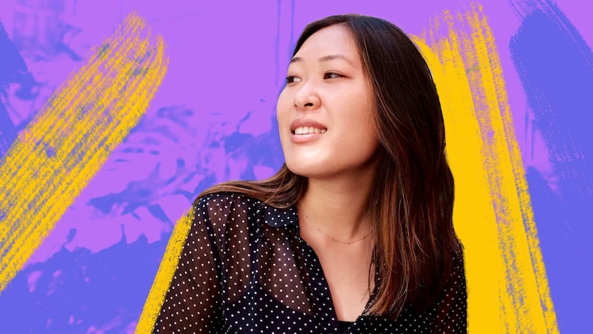 Emmelyn Wu in front of a colourful purple and yellow background for a story about the loaded question 'where are you from?'