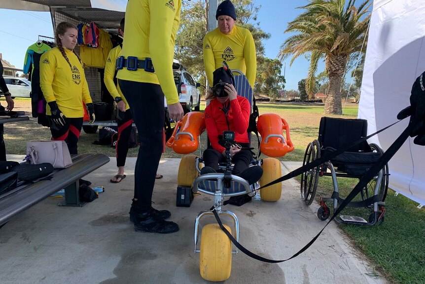 Marine biologist Yvette Eglinton in a submersible wheelchair.