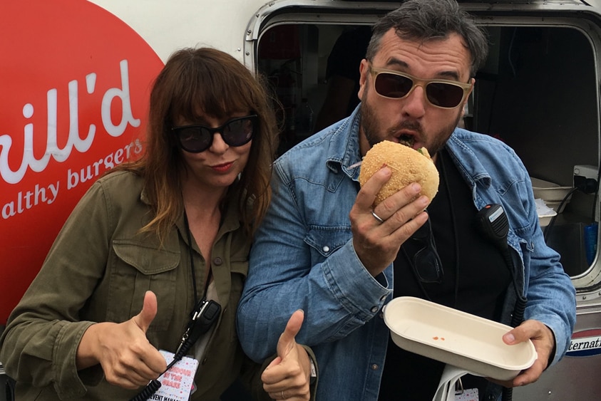 Jessica Ducrou and Paul Piticco backstage at Splendour In The Grass in 2016