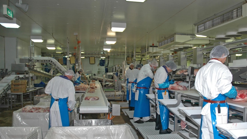 Workers processing meat inside the Linley Valley abattoir in Northam