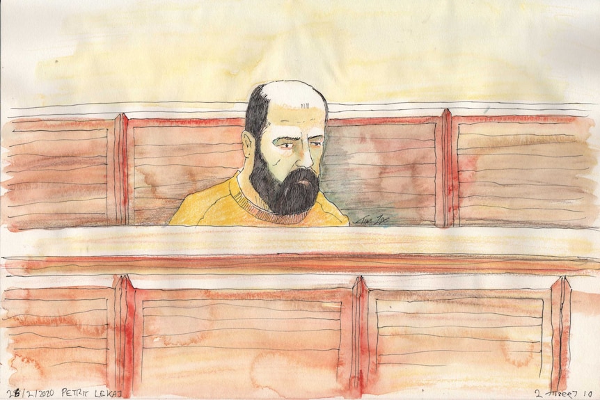 A sketch diagram of a man with a bald head and brown beard sitting in court