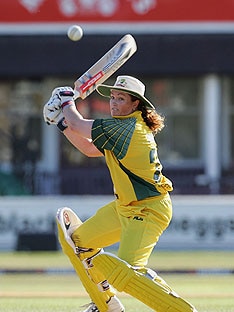 Karen Rolton cuts the ball to the boundary against England