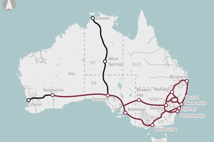 A map of Australia detailing key freight rail routes 