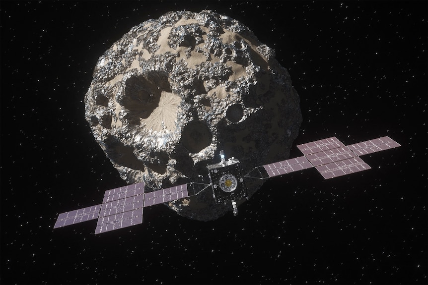 An animation of a spacecraft approaching an asteroid in space.