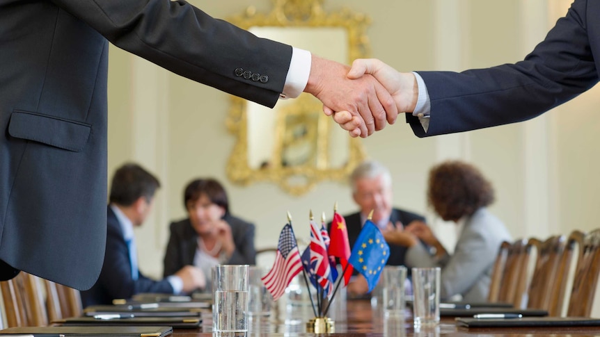 Two men shake hands during a meeting. Small world flags can be seen on a table in the background.