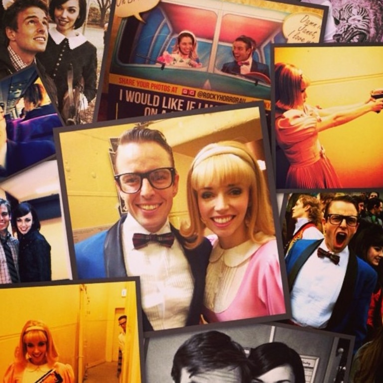 An Instagram collection of pictures of two young adults in musical theatre costumes.