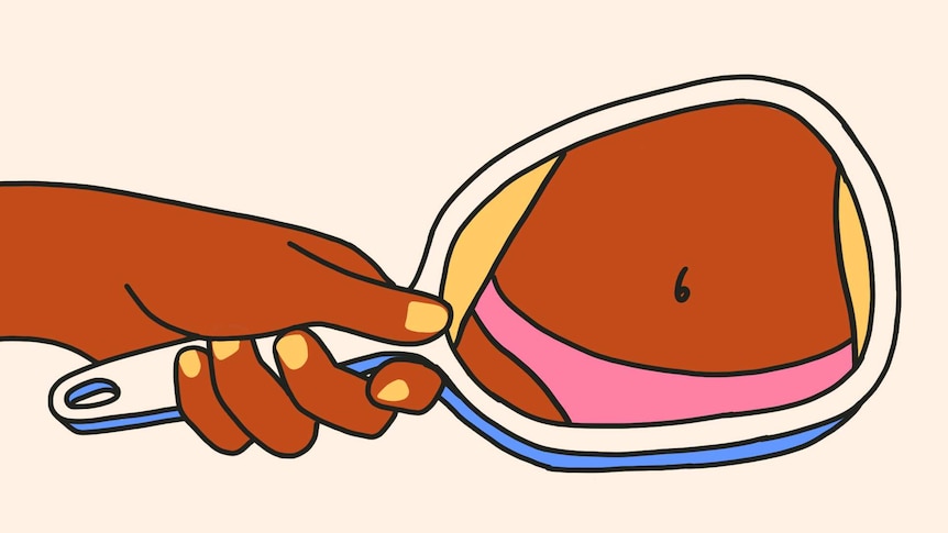 Illustration of woman holding hand mirror in a story about the clitoris and how few people know about them.