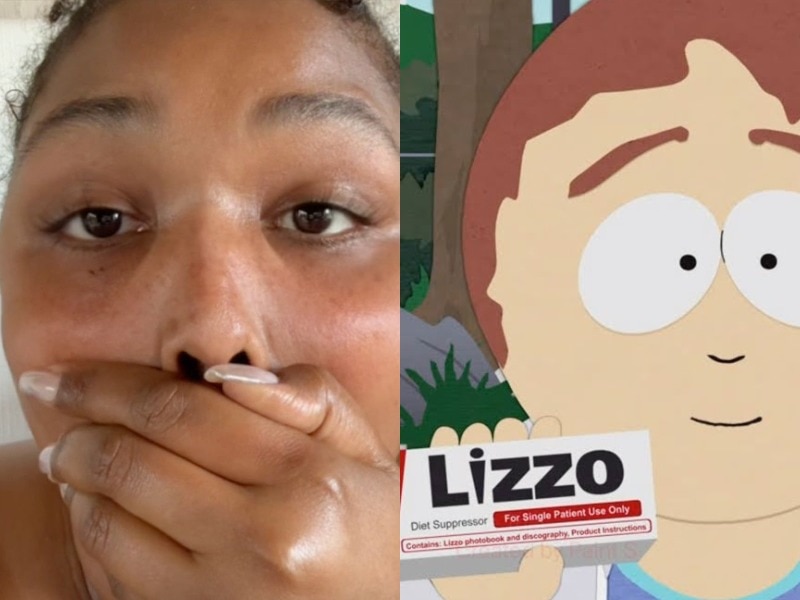 Composite of Lizzo shocked, hand covering mouth, and a still from South Park of a character holding a drug called Lizzo.